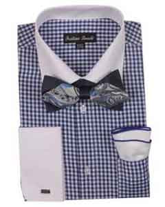  Mens Navy Checks French Cuff With White Collared Contrast Shirt