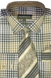  Georges 60% Cotton 40% Polyster Checkered Shirt Tie and Handkerchief Brown 