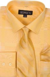  Mens Gold Cotton Geometric Pattern Dress Shirt