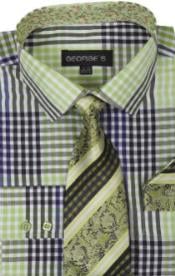  Georges 60% Cotton 40% Polyster Checkered Shirt Tie and Handkerchief Lime 