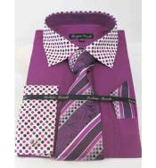 French Cuff Rose Purple Solid Body With Poka-a-dot Collar Mens Dress Shirt