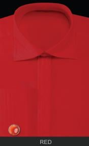  Red rounded cuff link with Solid Pleated Londoner Collar Cotton/poly Mens Dress