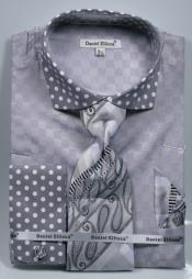  Grey Polka Dot French Cuffed Matching Shirt & Tie Combo Set Mens