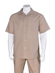 Short Sleeve Khaki Plain Linen Casual Casual Two Piece Walking Outfit