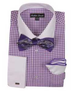  Mens Lavender Checks Shirt French Cuff With White Collared Contrast  High