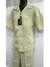  Two Piece Mens Big Size Natural Beige Linen Short Sleeve Casual Casual