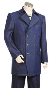  Mens Button Fastener Double Breasted Suit Trench Collar Dark Navy Blue Suit