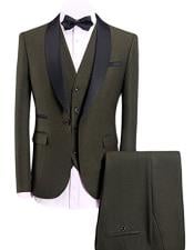  Mens Olive Green 3-Pieces Slim Fit Shawl Lapel 1 Button Vested Dress