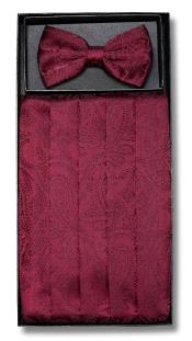  Mens Polyester Bowtie & Matching Cummerbund Burgundy ~ Wine ~ Maroon Color Paisley Design