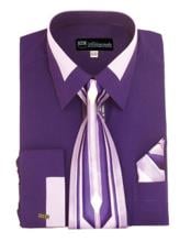  Purple Fashion French Cuff Matching Tie and Hanky Set Mens Dress Shirt