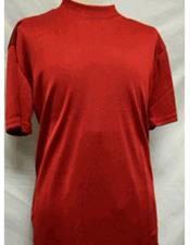  Mens Stylish Mock Neck Shiny Red Short Sleeve Shirt