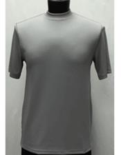  Mens Silver Classy Mock Neck Shiny Short Sleeve Stylish Shirt
