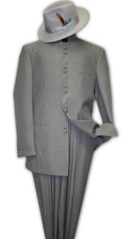  Solid Color Gray ~ Grey Mandarin Collar 2PC Mens Suit Banded No