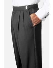  Mens Solid Black Poly-Wool Blend Classic Fit Adjustable Waist Pleated Tuxedo Pants