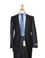  Button Dark Navy Solid 100% Wool Flat Front Fitted Suit 
