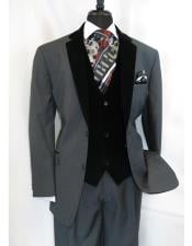  Mens  Two Button Black Velour Velvet Suit Vested Side Vents Tuxedo Black 2 toned Suit