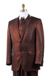  Suits Unique Brown 2 Button Trimmed Pleated Pants Vested 3 Piece
