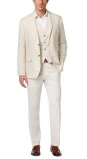  Summer Linen Fabric Vested Three 3 Piece Suit Jacket + Vest+ Pants