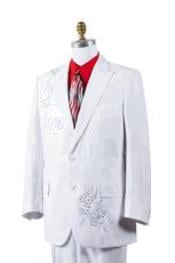  Mens White Poly Woven Rhinestone Entertainer Suit  - All White Suit