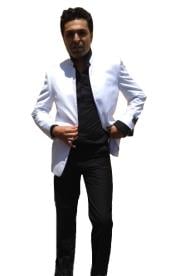  White Mirage Mandarin Nehru Tuxedo Dinner Jacket Wedding Prom Coat Blazer -