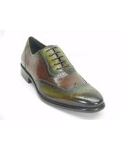  Wingtip Hand Paint Medallion Oxford Olive/Brown Lace Up Shoes