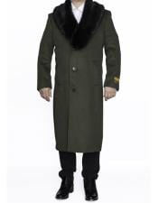  Mens Olive Green Removable Fur Collar Full Length Wool Overcoat