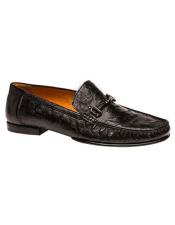  Black Moc Toe Ostrich Skin Slip-on Loafers Shoes Authentic Mezlan Brand