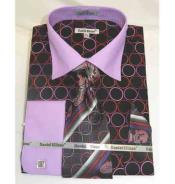  100% Cotton Circle Multi Pattern Black Lilac French Cuff Mens Dress Shirt