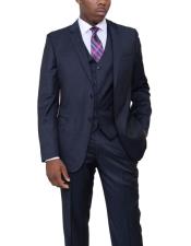  2 Buttons Dark Navy Blue Suit For Men Wool Vested Suit Flat