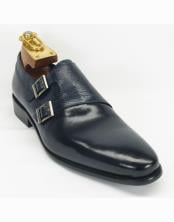  Mens Navy Leather Fashionable Carrucci Shoes Double Buckle Style