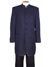  Mens Mandarin Banded Collar Navy 6 Button Wool Two Piece Long Jacket