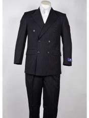  Mens Dark Navy Pinstripe 6 Button Slim Fit Peak Lapel Suit -