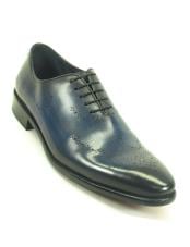  Carrucci Mens Navy Lace Up Style Whole Cut Oxford With Medallions Shoe