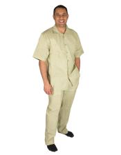  Mens Button Closure Olive Short Sleeve 100% Linen 2 Piece Shirt Walking