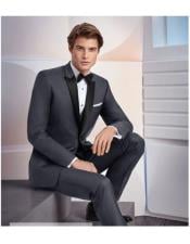  Mens1 Button Black Satin Peak Lapel Grey Suit