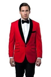  Tazio 1 Button Shawl Collar Velvet Slim Fit Red Cheap Priced Blazer Jacket For Men