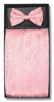  Mens Pink Paisley Design Polyester Bowtie & Matching Cummerbund 