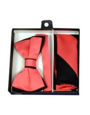  Polyester Black/Salmon ~ Coral Satin dual colors classic Bowtie with hankie