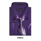  French Cuff + Tie + Handkerchief Set Spread Collar Purple Mens Dress