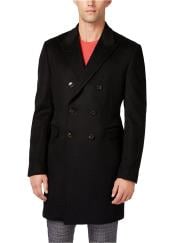  Mens Black Wool Blend Classic Fit  Double-Breasted Overcoat
