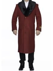  Mens Burgundy Overcoat 3 Button Full Length Wool Dress Top Coat