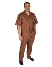  Mens Brown Short Sleeve Button Closure 100% Linen 2 Piece With Pleated