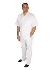  Mens Short Sleeve 100% Linen 2 Piece With Pleated Pant White Shirt