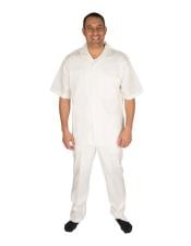  Mens Button Closure Short Sleeve Offwhite 100% Linen 2 Piece Pleated Pant