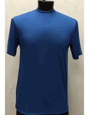  Mens Classy Mock Neck Shiny Royal Blue Short Sleeve Stylish Shirt