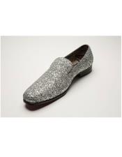  Mens Silver Shiny Slip On Fashionable Glitter ~ Sparkly Shoes Sequin Shiny