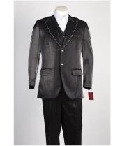  Mens 2 Button Vested Shiny Black Fashion Peak Lapel Suit with Studded