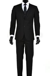  Mens 2 Button  Black Slim Fit Vested Suit