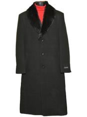  Mens Dress Coat Fur Collar Black 3 Button Wool Full Length Overcoat