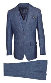Boys Single Breasted Notch Lapel Navy 3 Pc Linen Vested Suit And Pant